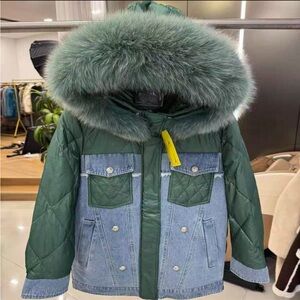 NWOT Real Fox Fur Goose Down Stylish Green and Denim Puffer Jacket with Fox Fur